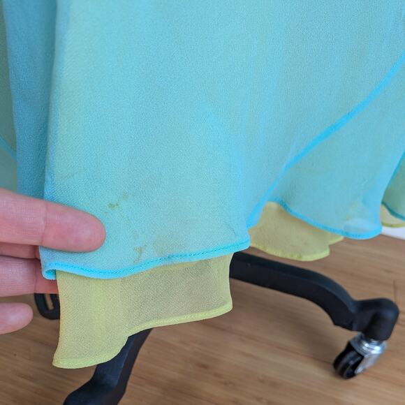 Vintage Prom Dress Maxi Gown 2P Blue Yellow Y2K Silk Fairy Babydoll Empire Split - Picture 11 of 12